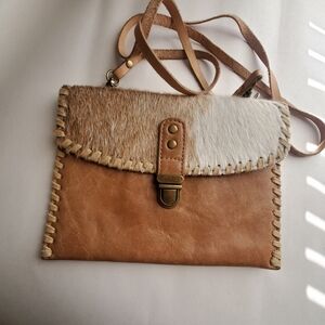 Brown and Cream Leather Crossbody Bag. Calf Hair. Brown Distressed